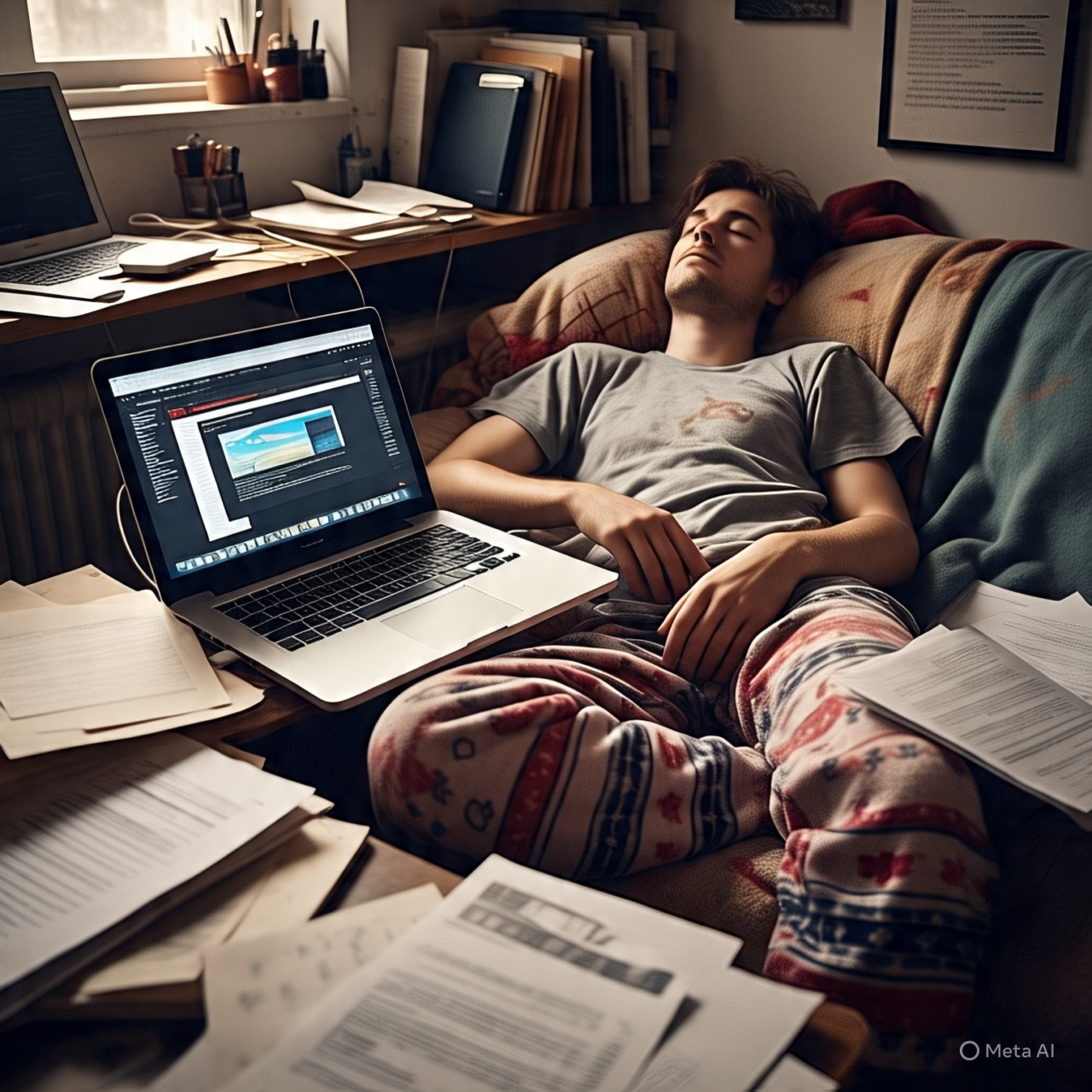 Image of a person sleeping with laptops open around them